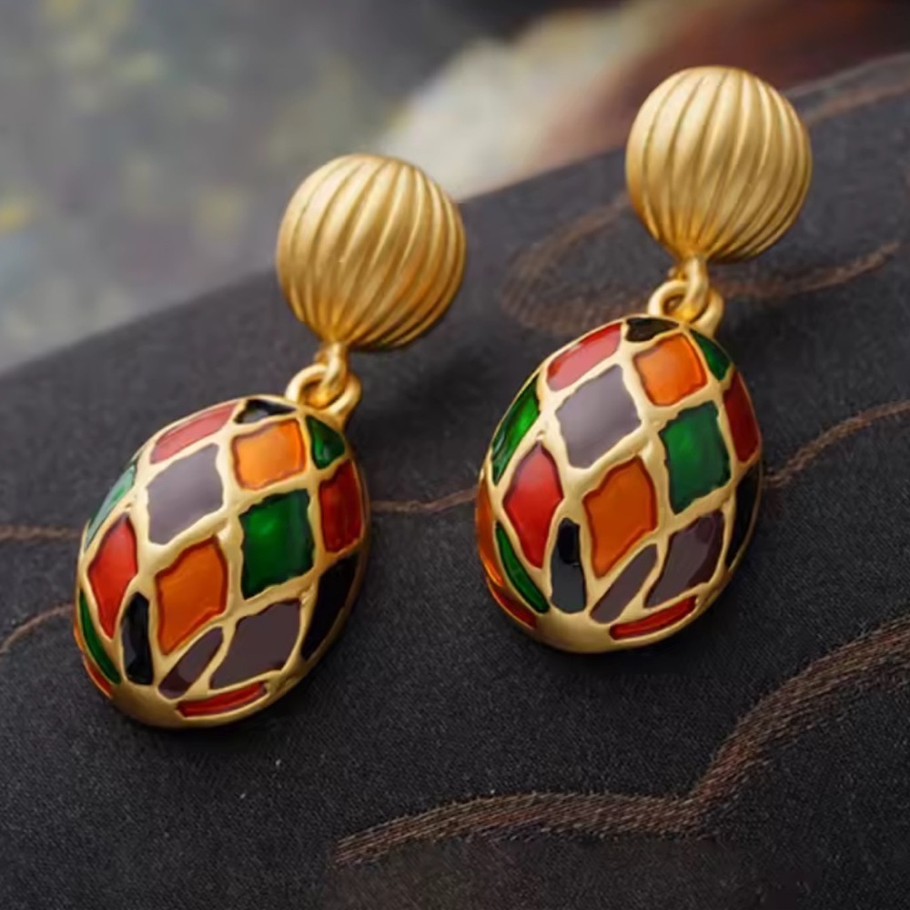 Vintage Harlequin Enamel Drop Earrings - Picture 4 of 6